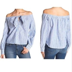 Free People Hello There Off Shoulder Linen Button Down in Blue and White Sz Med